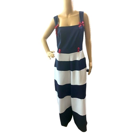 Custom Dark Blue And White Striped Sleeveless Bow Detail Jumpsuit Size M - Picture 1 of 16